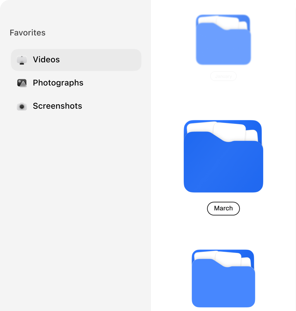 Rack-focus scroll list with month folders